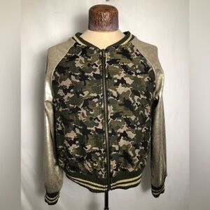 Womens Green Camouflage &amp; Gold Arms Jacket. Size Large.